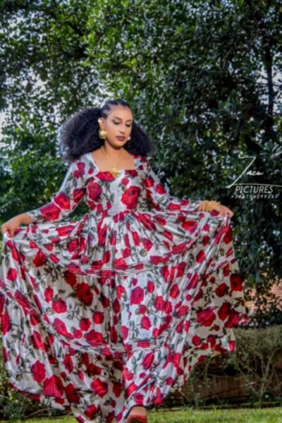 Chiffon Habesha Dress – Red Floral Print (Style 1)