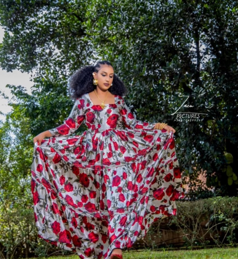 Chiffon Habesha Dress – Red Floral Print (Style 2) – Azmarino Fashion Boutique