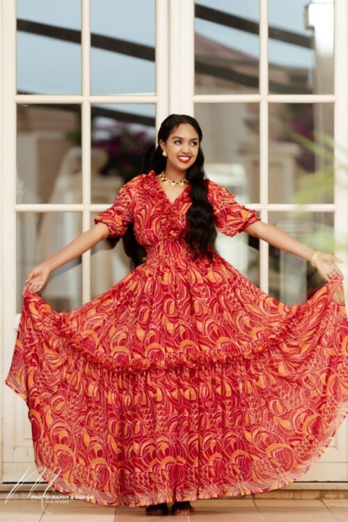 Chiffon Habesha Dress – Red with Gold Pattern – Azmarino Fashion Boutique