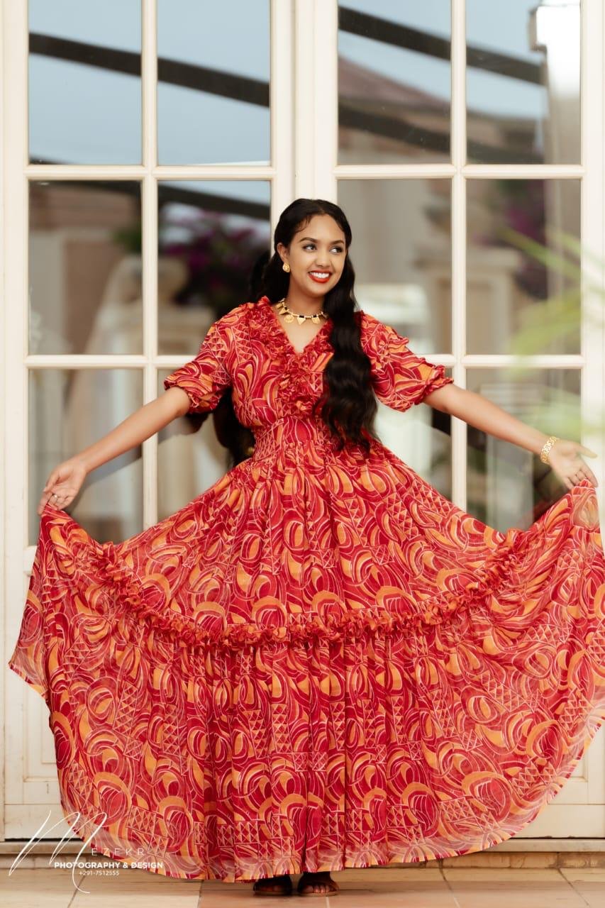 Chiffon Habesha Dress – Red with Gold Pattern – Azmarino Fashion Boutique
