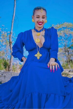 Chiffon Habesha Dress – Royal Blue – Azmarino Fashion Boutique – view 2
