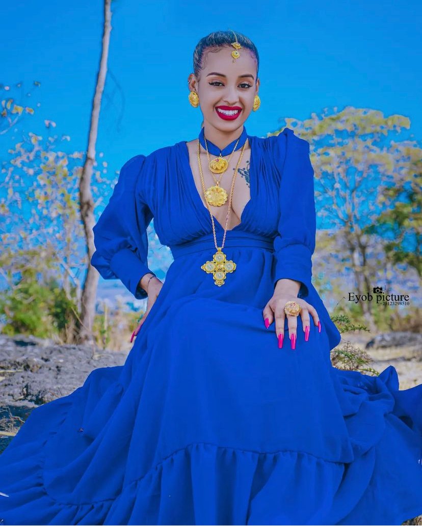 Chiffon Habesha Dress – Royal Blue – Azmarino Fashion Boutique – view 2