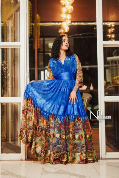 Chiffon Habesha Dress – Royal Blue with Colourful Hem