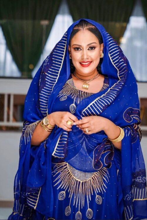Chiffon Habesha Dress – Royal Blue with Gold Trim – Azmarino Fashion Boutique