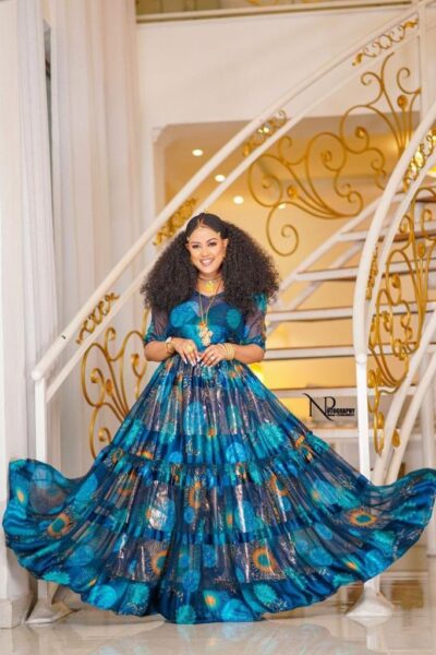 Chiffon Habesha Dress – Teal & Blue Print