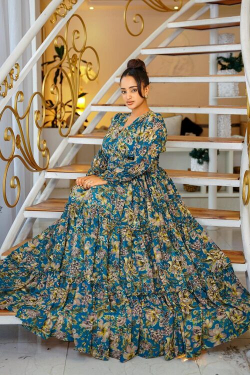 Chiffon Habesha Dress – Teal Floral Print, Full Skirt – Azmarino Fashion Boutique