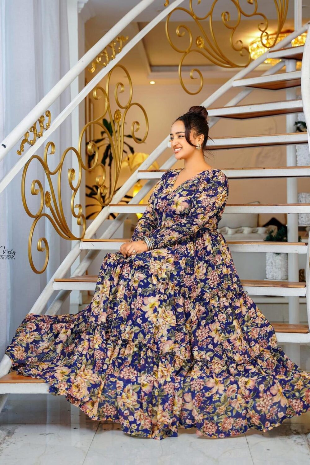 Chiffon Habesha Dress – Teal Floral Print, Full Skirt – Azmarino Fashion Boutique – view 2