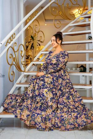 Chiffon Habesha Dress – Teal Floral Print, Full Skirt – Azmarino Fashion Boutique – view 2