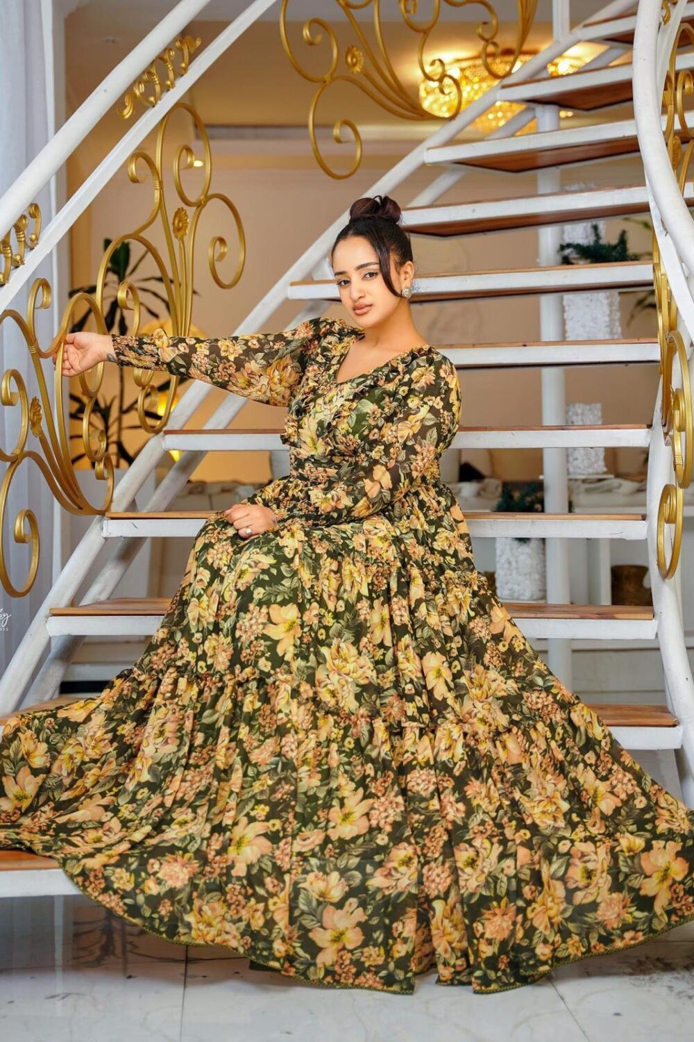 Chiffon Habesha Dress – Teal Floral Print, Full Skirt – Azmarino Fashion Boutique – view 3