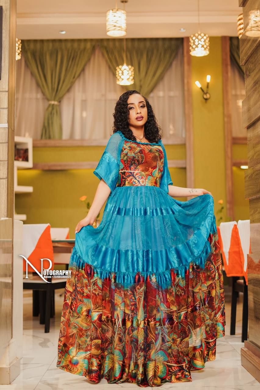 Chiffon Habesha Dress – Turquoise with Colourful Hem – Azmarino Fashion Boutique
