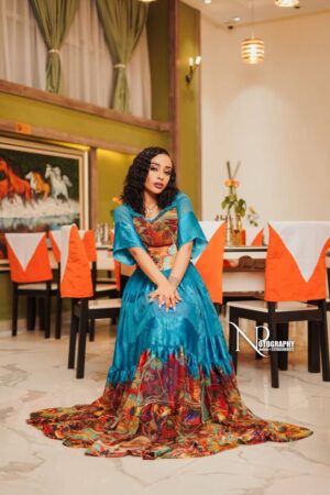 Chiffon Habesha Dress – Turquoise with Colourful Hem – Azmarino Fashion Boutique – view 2
