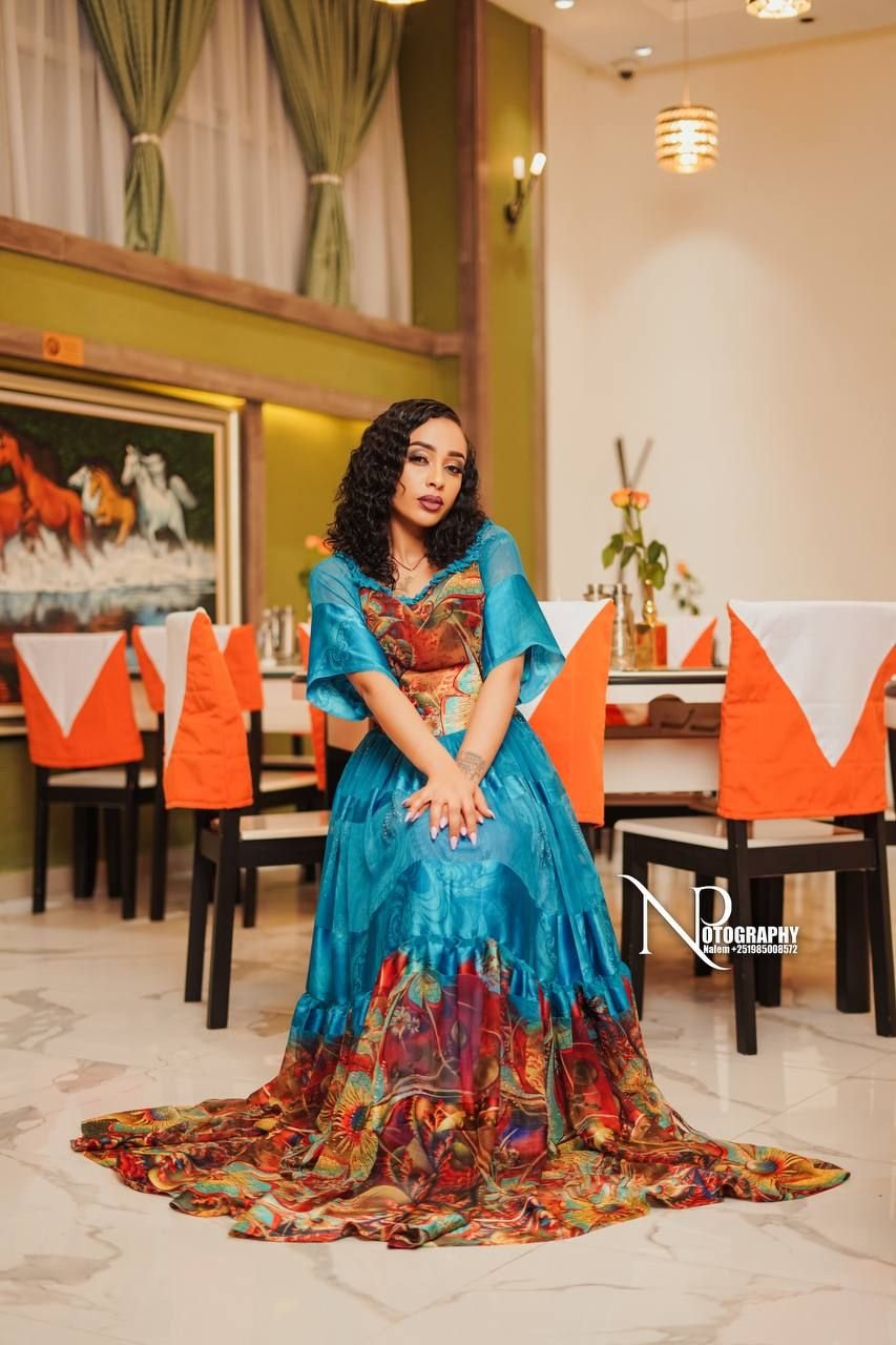 Chiffon Habesha Dress – Turquoise with Colourful Hem – Azmarino Fashion Boutique – view 2