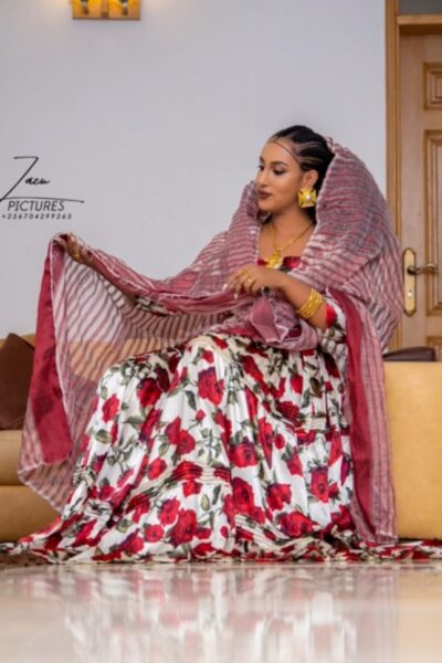 Chiffon Habesha Dress – White with Red Floral Print