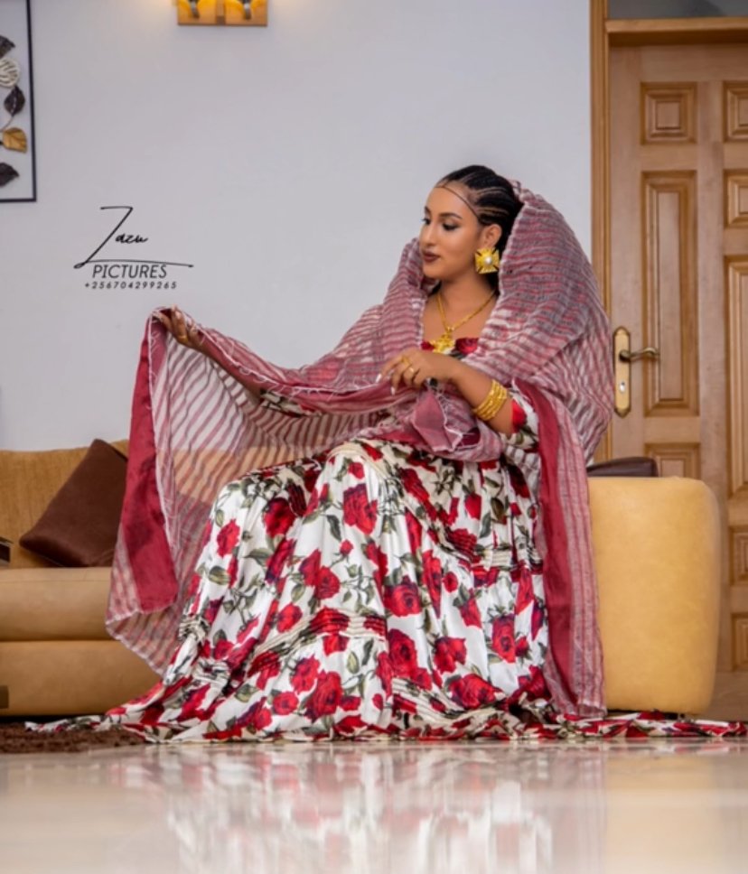 Chiffon Habesha Dress – White with Red Floral Tibeb – Azmarino Fashion Boutique