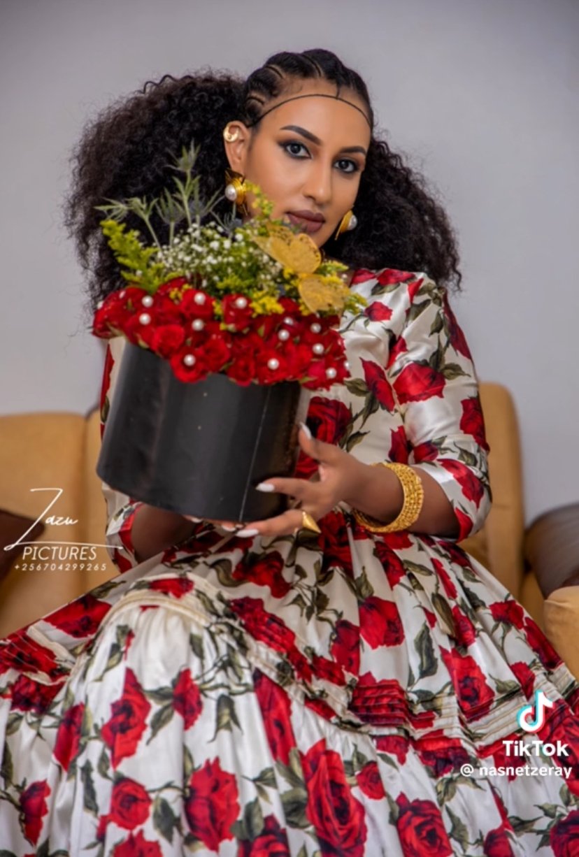 Chiffon Habesha Dress – White with Red Floral Tibeb – Azmarino Fashion Boutique – view 2