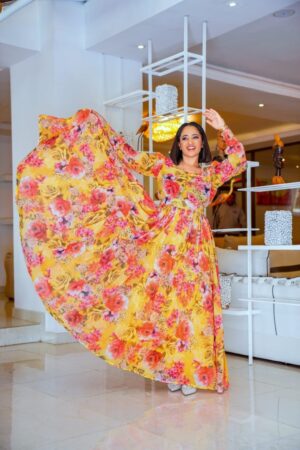 Chiffon Habesha Dress – Yellow & Red Floral – Azmarino Fashion Boutique