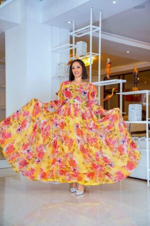 Chiffon Habesha Dress – Yellow & Red Floral – Azmarino Fashion Boutique – view 2
