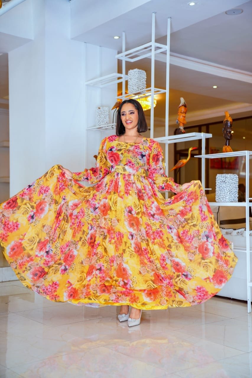 Chiffon Habesha Dress – Yellow & Red Floral – Azmarino Fashion Boutique – view 2