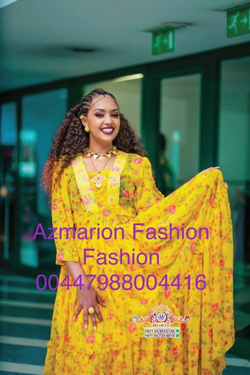 Chiffon Habesha Dress – Yellow Print – Azmarino Fashion Boutique
