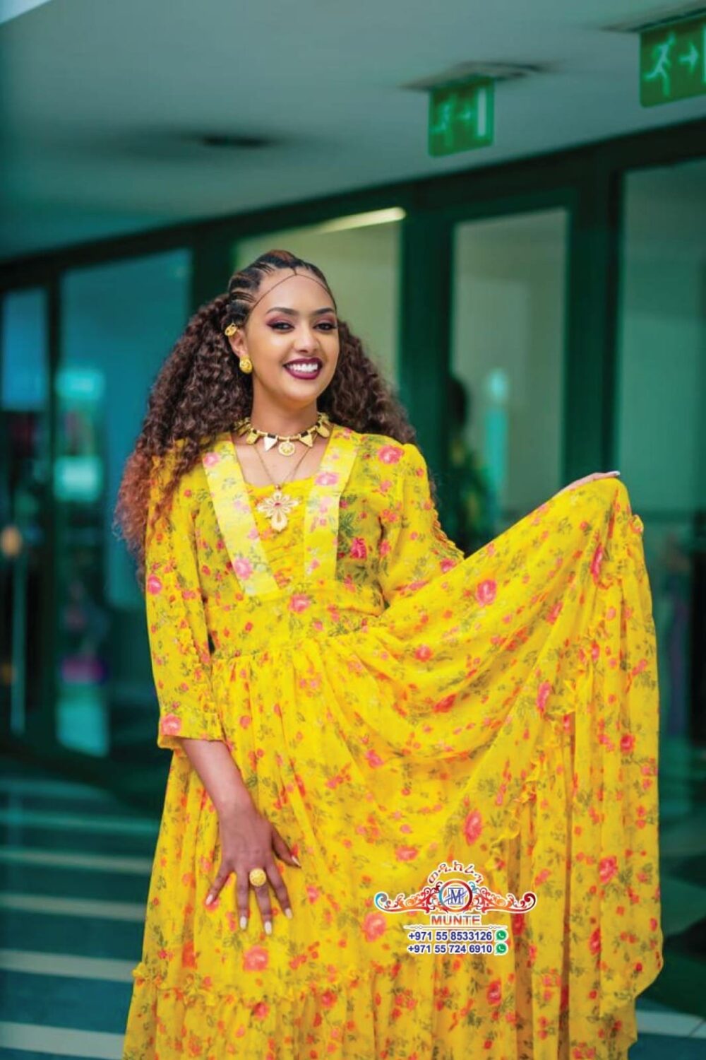 Chiffon Habesha Dress – Yellow Print – Azmarino Fashion Boutique – view 2