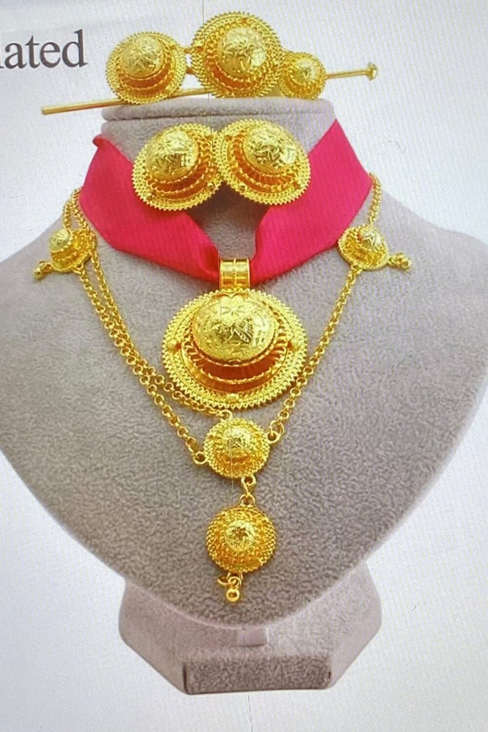 Habesha Bridal Gold-Tone Necklace Set – Red Collar – Azmarino Fashion Boutique