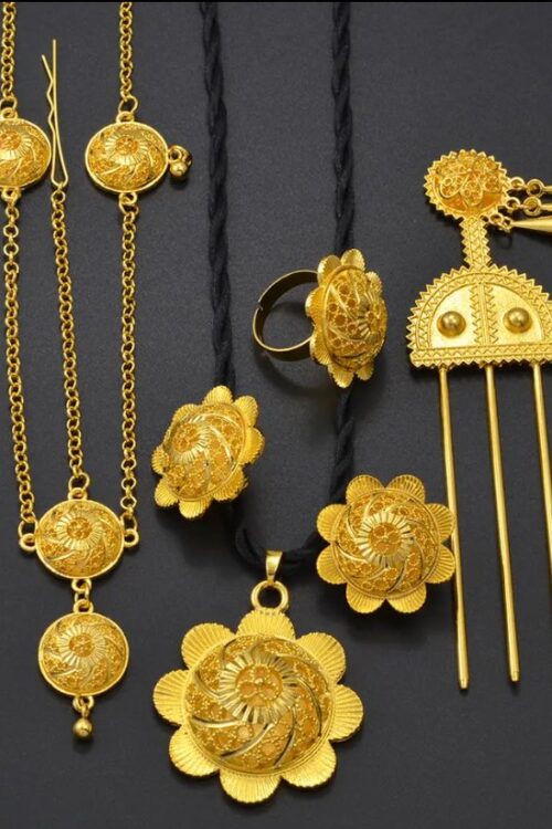 Habesha Gold-Tone Jewellery Set with Hairpin – Black Cord (Style 1) – Azmarino Fashion Boutique