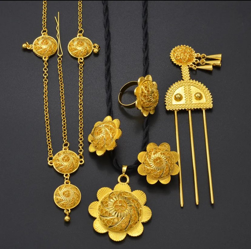 Habesha Gold-Tone Jewellery Set with Hairpin – Black Cord (Style 1) – Azmarino Fashion Boutique