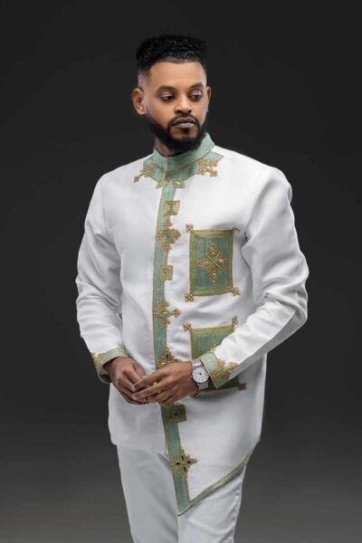 Men's Habesha Set – White with Green Trim