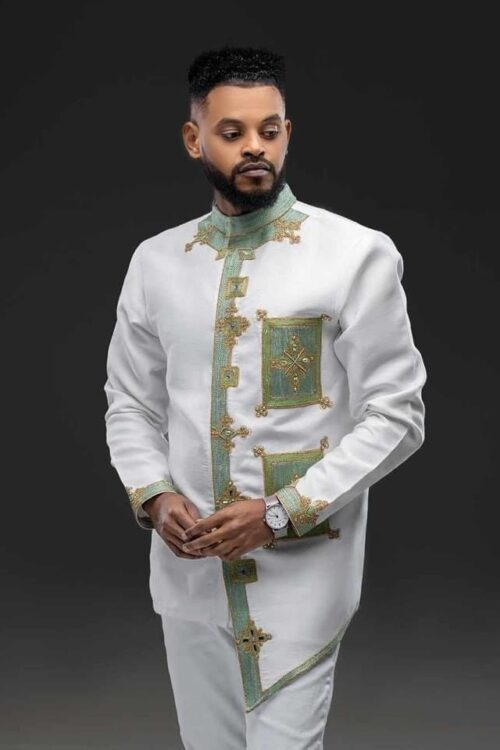 Men's Habesha Set – White with Green Trim – Azmarino Fashion Boutique