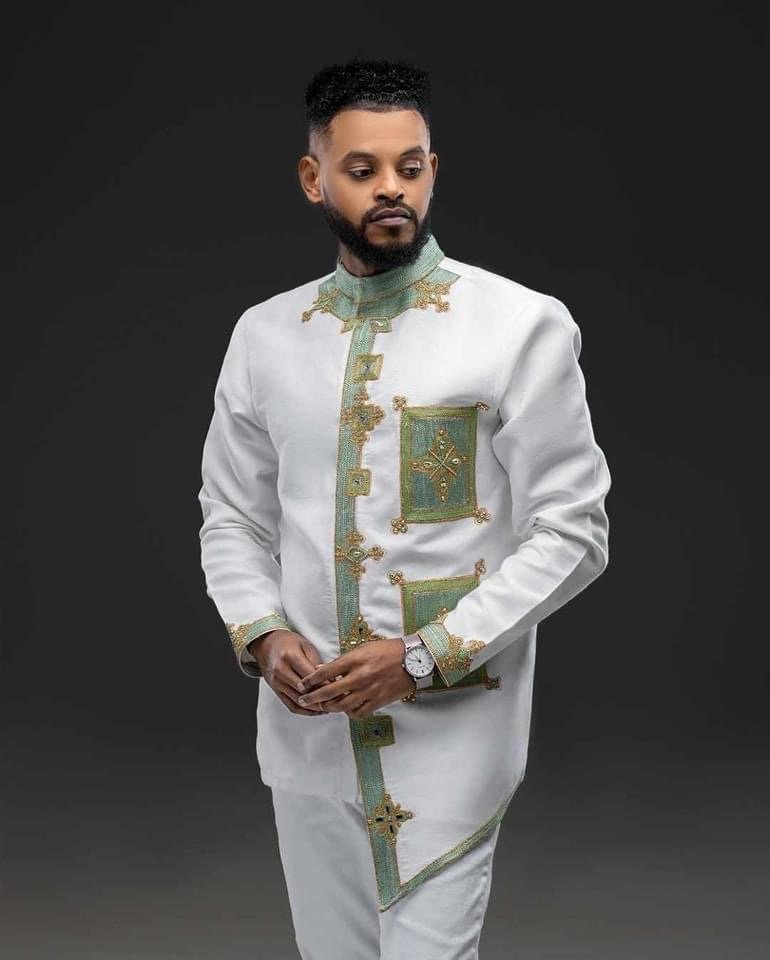 Men's Habesha Set – White with Green Trim – Azmarino Fashion Boutique