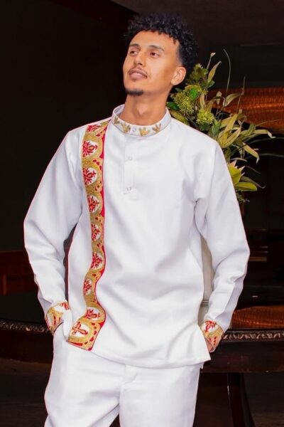 Men's Habesha Shirt & Trousers – White with Red Tibeb