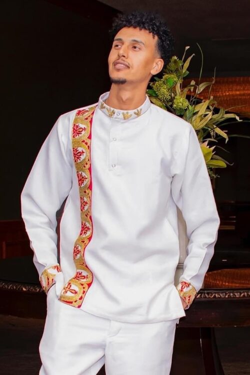 Men's Habesha Shirt & Trousers – White with Red Tibeb – Azmarino Fashion Boutique