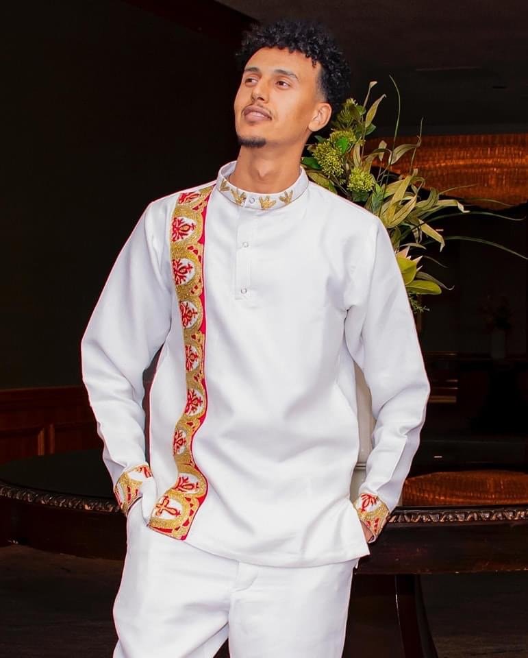 Men's Habesha Shirt & Trousers – White with Red Tibeb – Azmarino Fashion Boutique