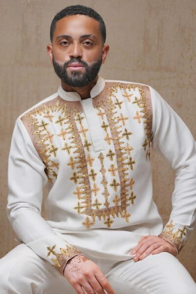 Men's Habesha Shirt – White with Gold Embroidery (Style 1)