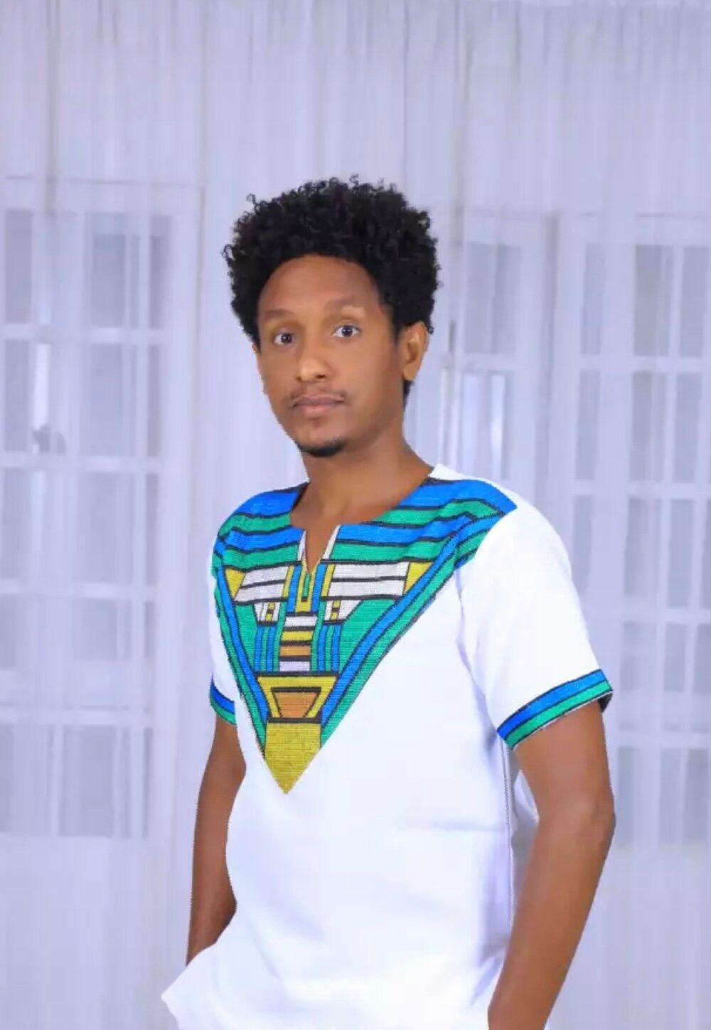 Men's Habesha T-Shirt – White with Colourful Neckline – Azmarino Fashion Boutique