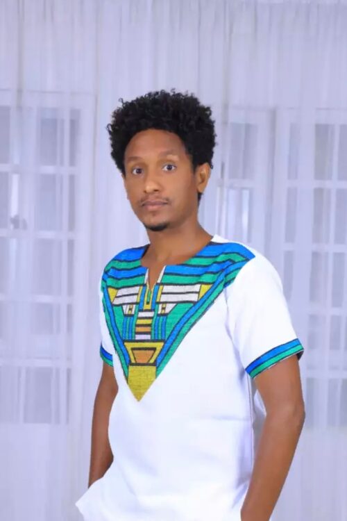 Men's Habesha T-Shirt – White with Colourful Neckline – Azmarino Fashion Boutique
