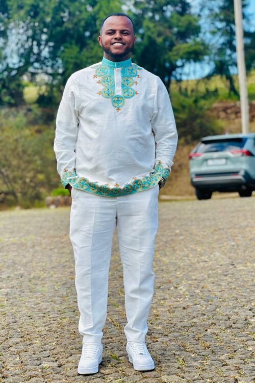 Men's Habesha Top & Trousers – White with Green Embroidery – Azmarino Fashion Boutique