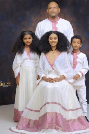Menen Zuria Habesha Kemis – White with Brown Tibeb – Azmarino Fashion Boutique