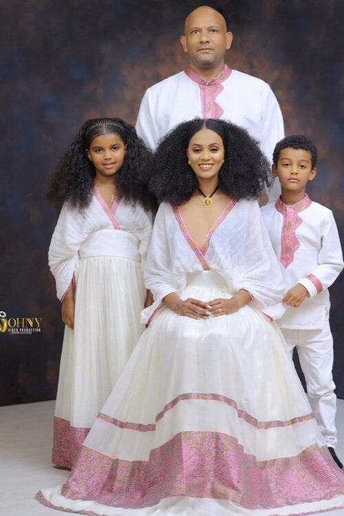 Menen Zuria Habesha Kemis – White with Brown Tibeb – Azmarino Fashion Boutique