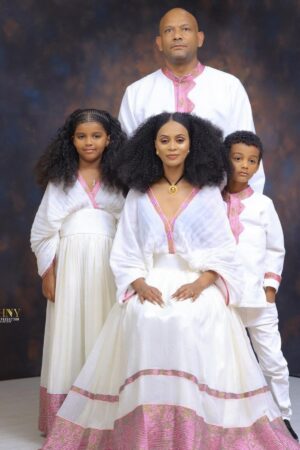 Menen Zuria Habesha Kemis – White with Brown Tibeb – Azmarino Fashion Boutique – view 2