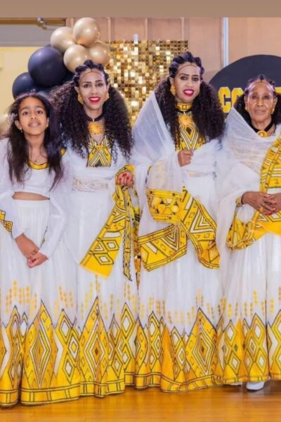 Menen Zuria Habesha Kemis – White with Gold & Yellow Tibeb