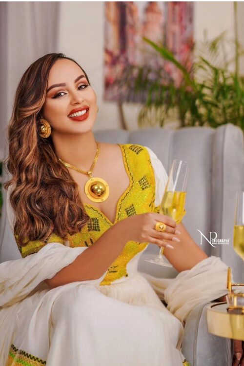 Menen Zuria Habesha Kemis – White with Gold Tibeb, Gold Accents – Azmarino Fashion Boutique