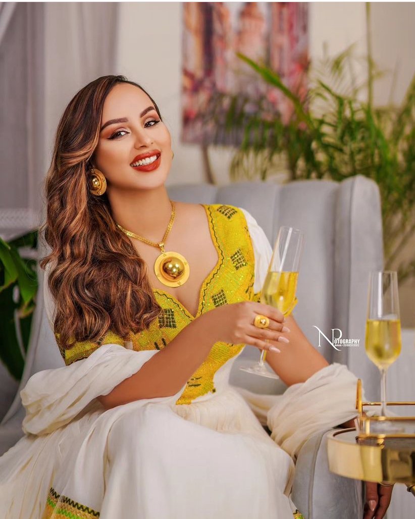 Menen Zuria Habesha Kemis – White with Gold Tibeb, Gold Accents – Azmarino Fashion Boutique