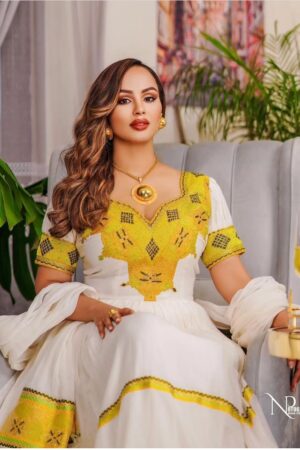 Menen Zuria Habesha Kemis – White with Gold Tibeb, Gold Accents – Azmarino Fashion Boutique – view 2