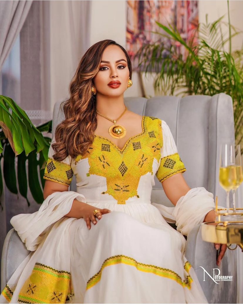 Menen Zuria Habesha Kemis – White with Gold Tibeb, Gold Accents – Azmarino Fashion Boutique – view 2