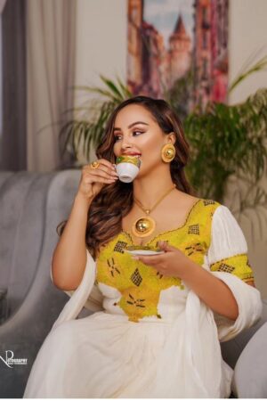 Menen Zuria Habesha Kemis – White with Gold Tibeb, Gold Accents – Azmarino Fashion Boutique – view 3