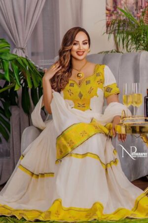 Menen Zuria Habesha Kemis – White with Gold Tibeb, Gold Accents – Azmarino Fashion Boutique – view 4