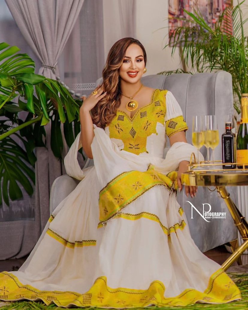 Menen Zuria Habesha Kemis – White with Gold Tibeb, Gold Accents – Azmarino Fashion Boutique – view 4
