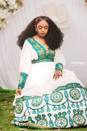 Menen Zuria Habesha Kemis – White with Green & Gold Tibeb – Azmarino Fashion Boutique