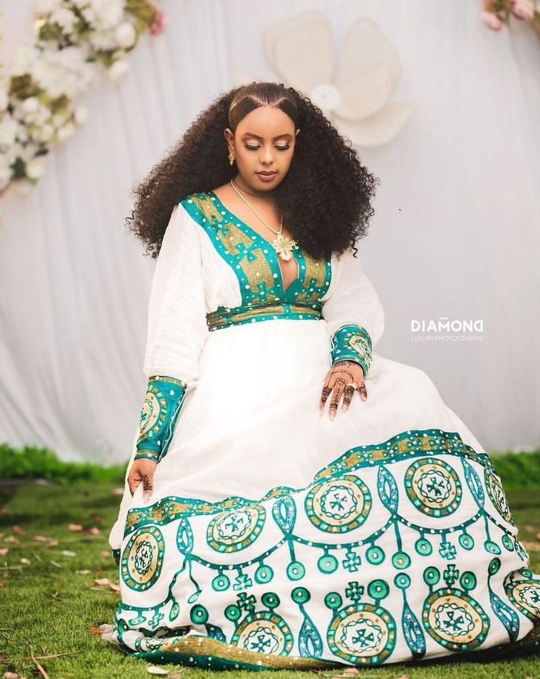 Menen Zuria Habesha Kemis – White with Green & Gold Tibeb – Azmarino Fashion Boutique
